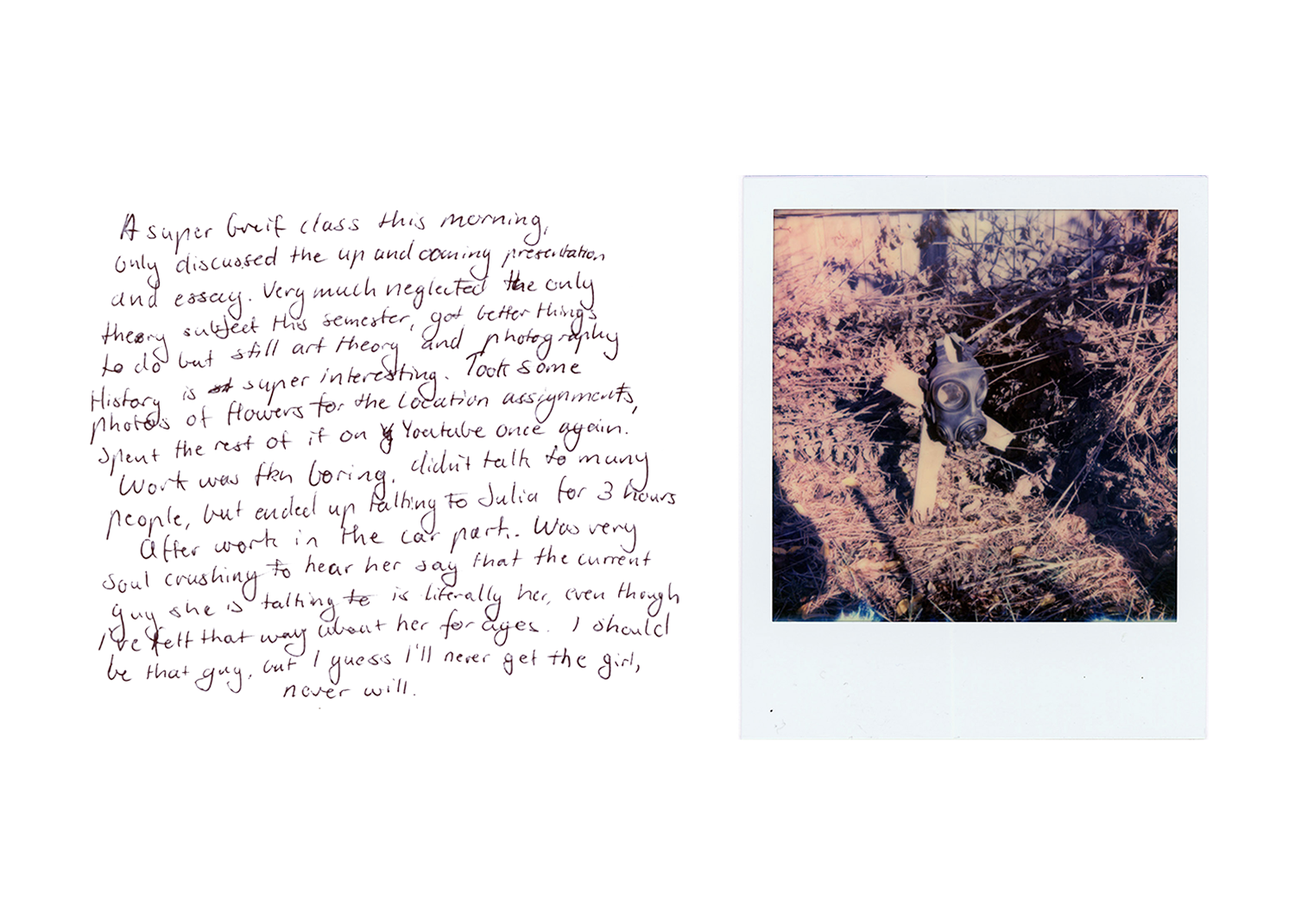 Text with Polaroid depicting a cross with a gas mask placed on it. 