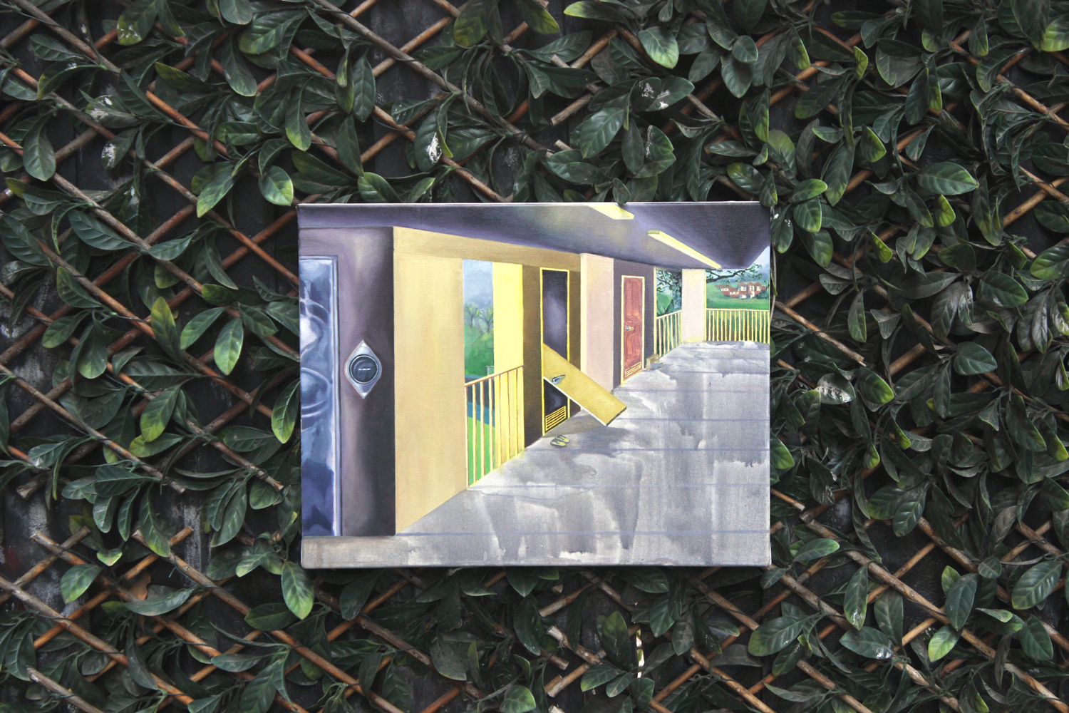 Painting of a wide hallway with a yellow door floating off its hinges, a lift and control panel, views of distant natural scenery and a grey floor with watery effects. 