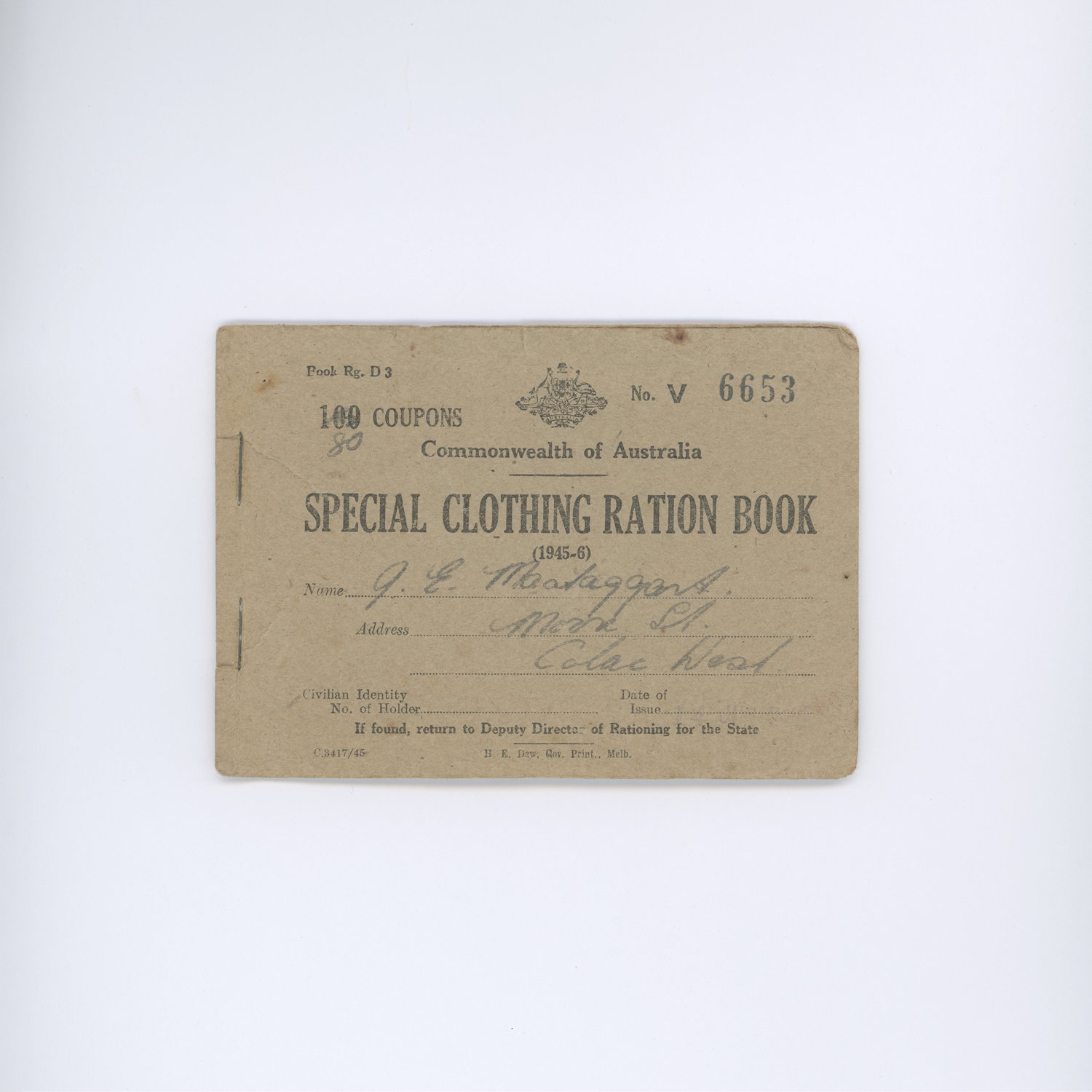 Scanned document titled Special Clothing Ration Book Commonwealth of Australia. 1945. 