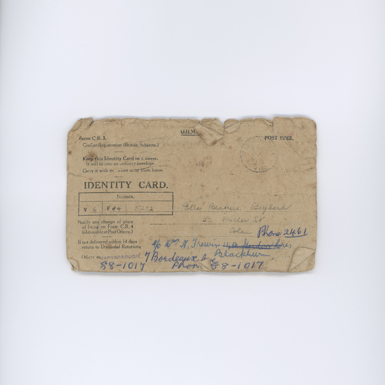 Worn civilian identity card stamped April 1942