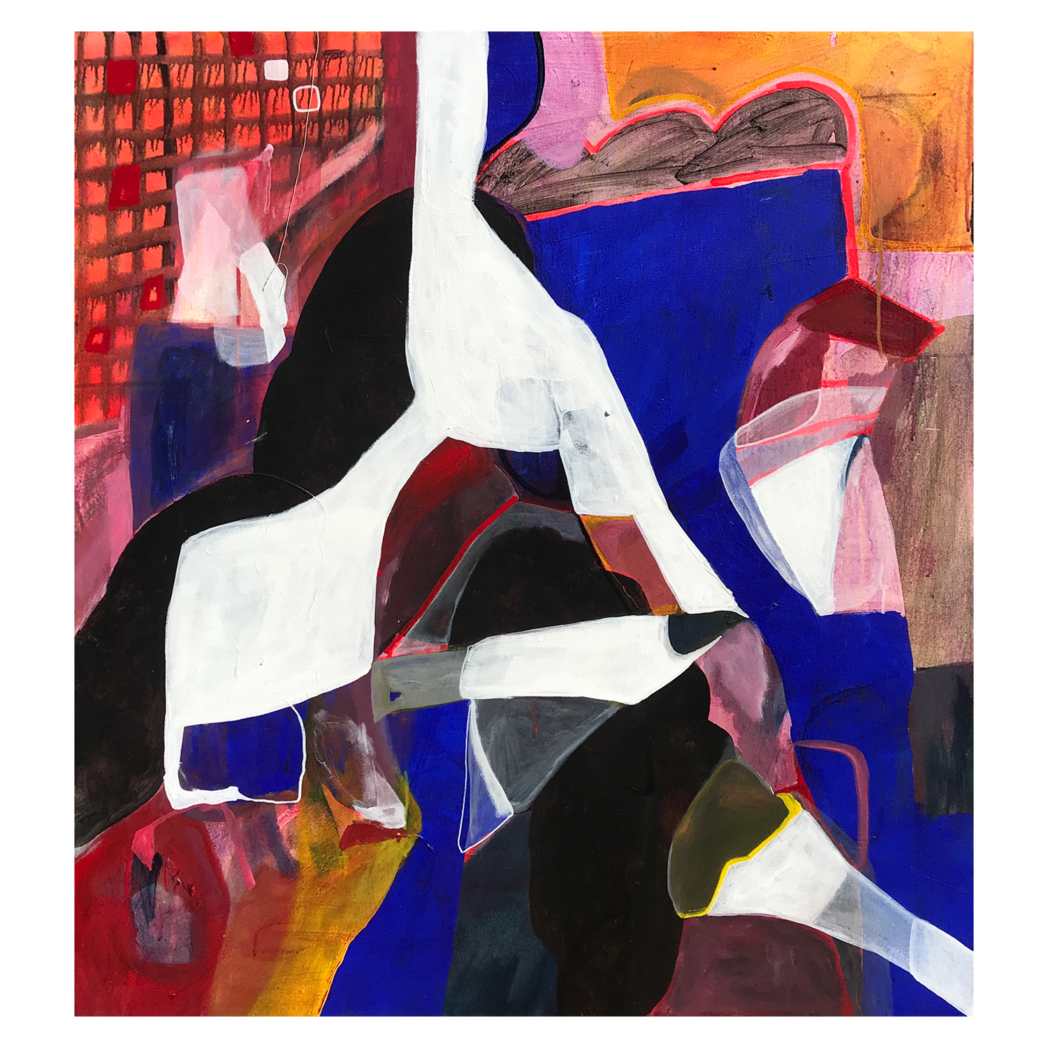 Abstraction with colours including white, black, blue, red, yellow and violet.