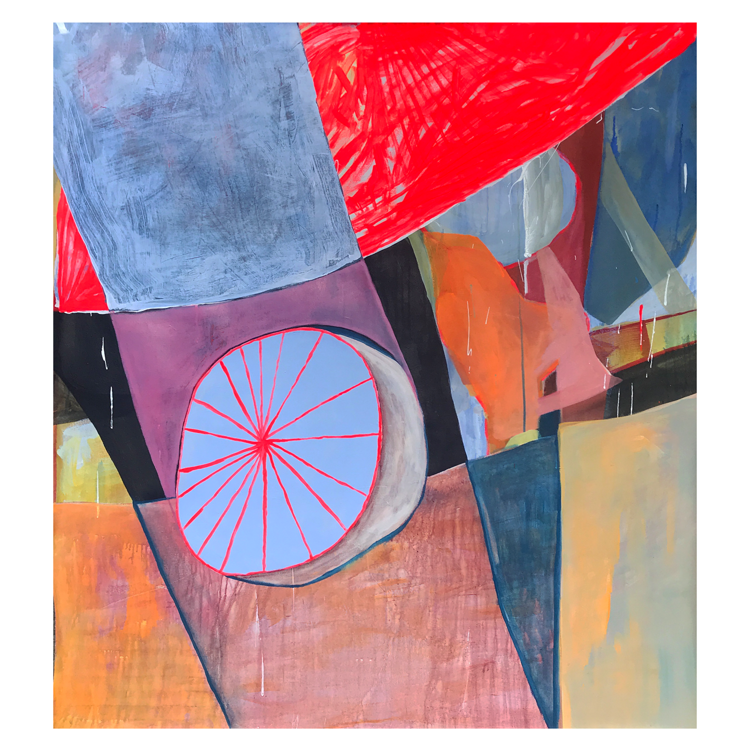 Abstraction with colours including black, white, blue, orange, violet, red, green.