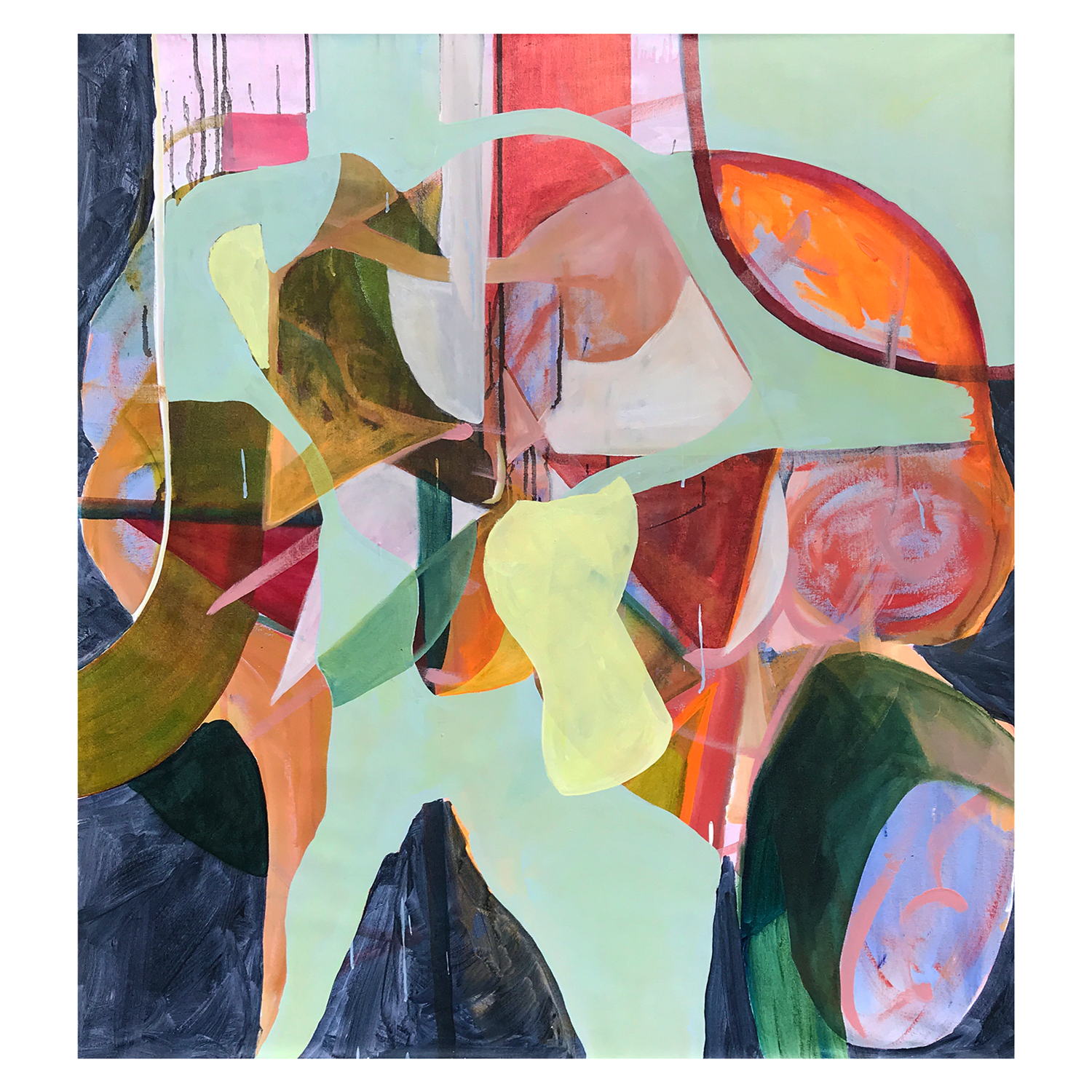 Abstraction with colours including black, white, green, orange, blue and brown