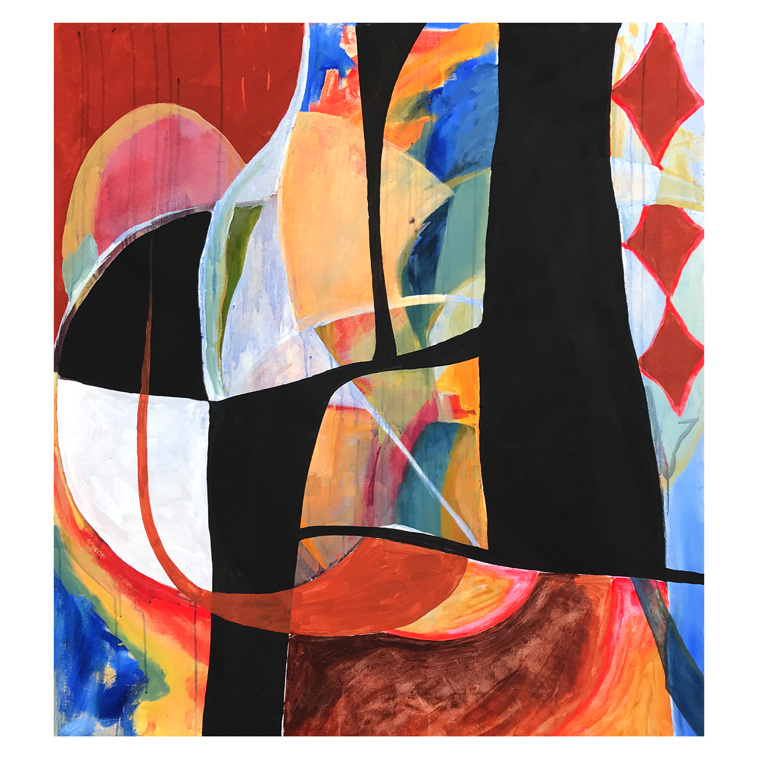 Abstraction with colours including black, white, blue, red, green, violet, orange and brown.