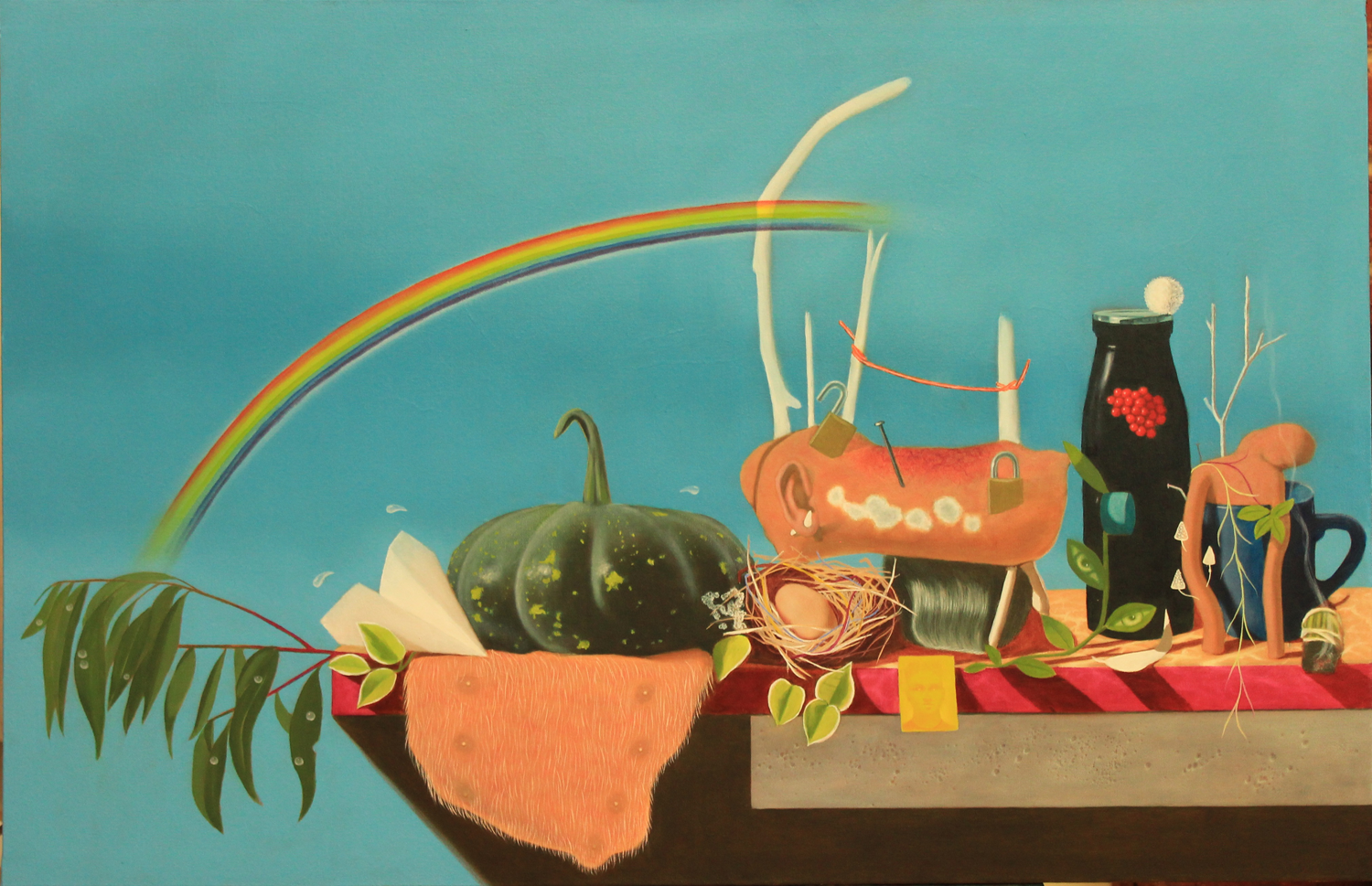 oil painting of still life with a sky blue background