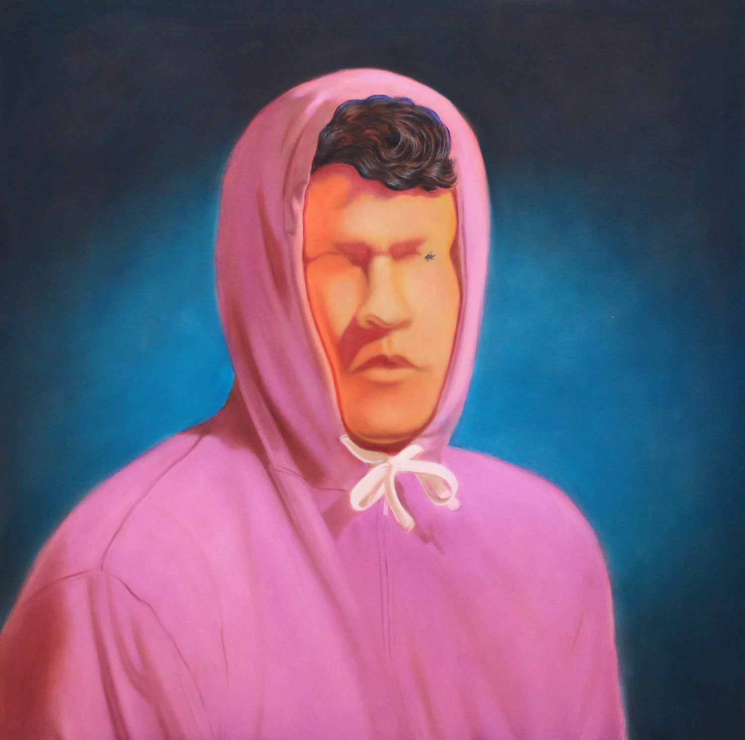 self-portrait with a lavender coloured hoodie, with no eyes and a fly sitting where the right eye should be. 