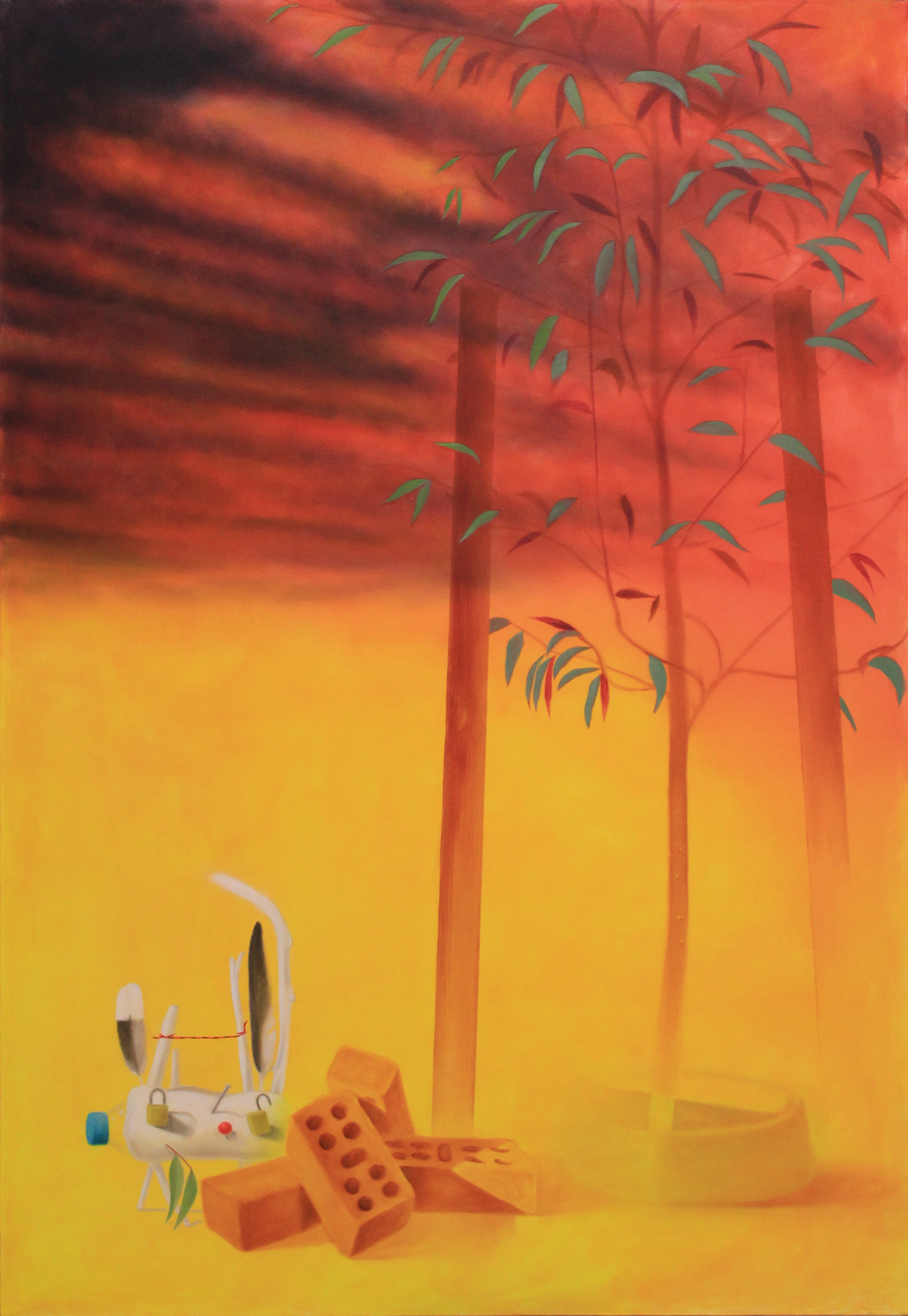 landscape with eucalyptus tree, afternoon clouds, creature and bricks