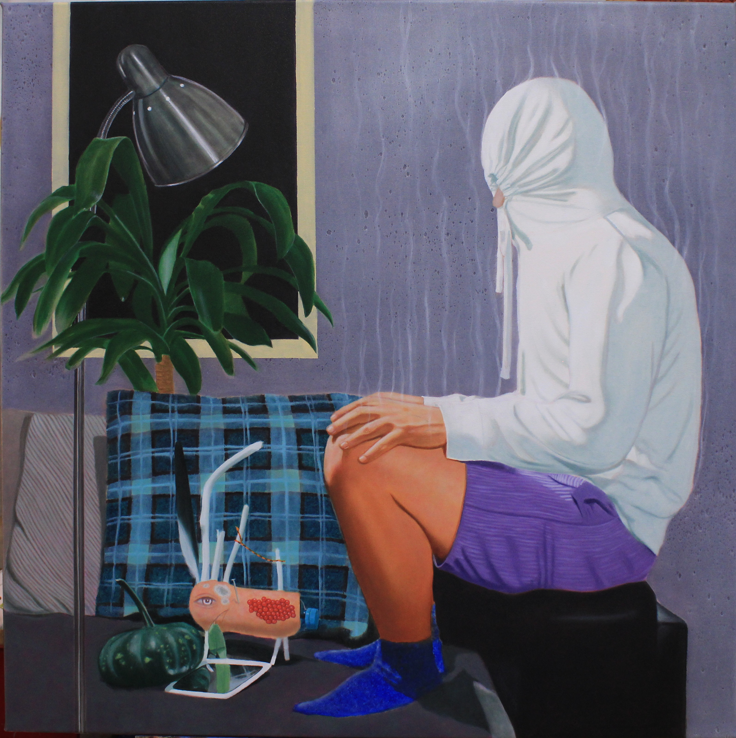 white hoodie and self portrait, in interior space