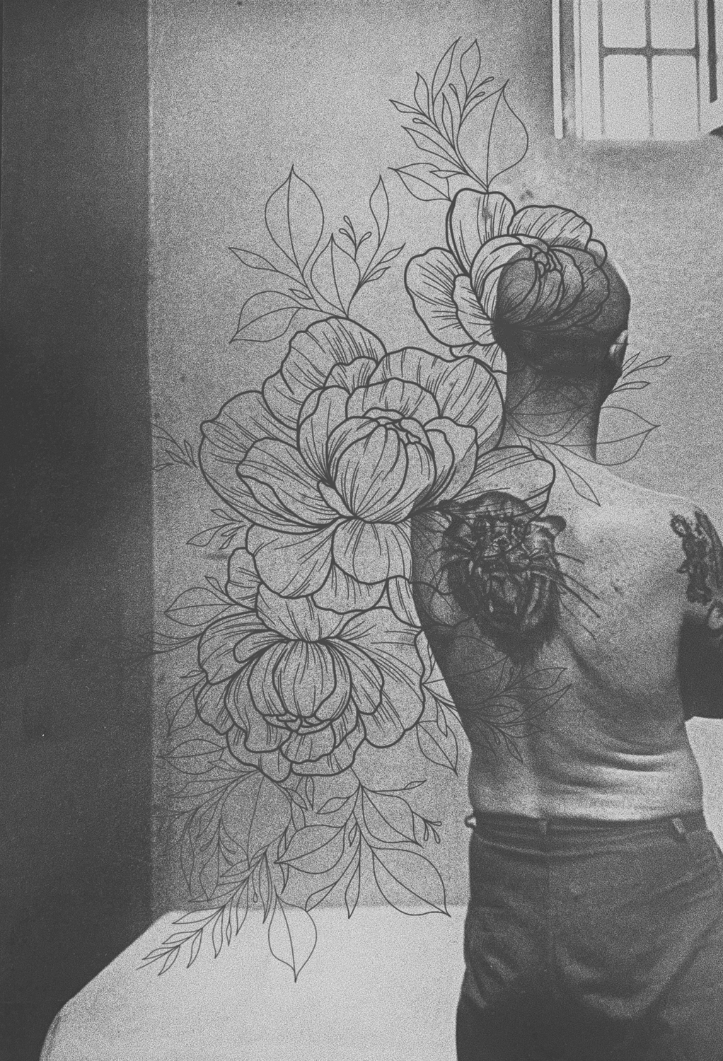 drawn flowers layered on greyscale back of man in prison cell