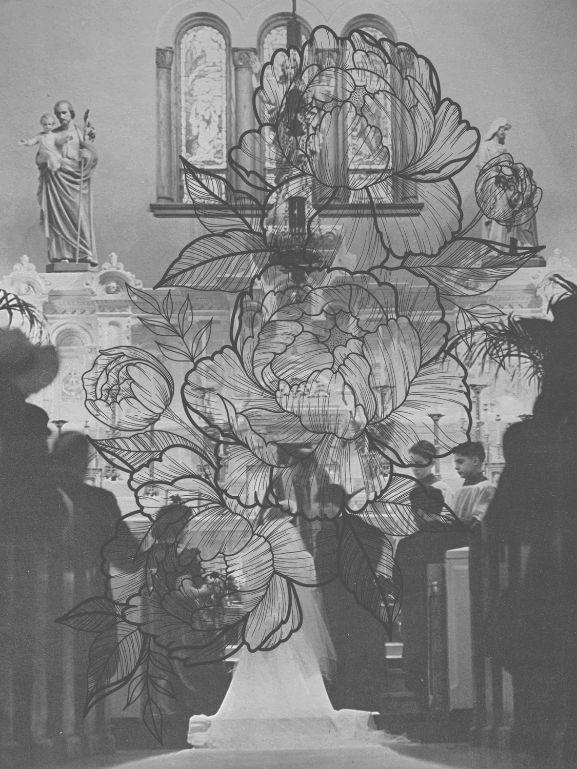 drawn flowers layered on greyscale church wedding scene 
