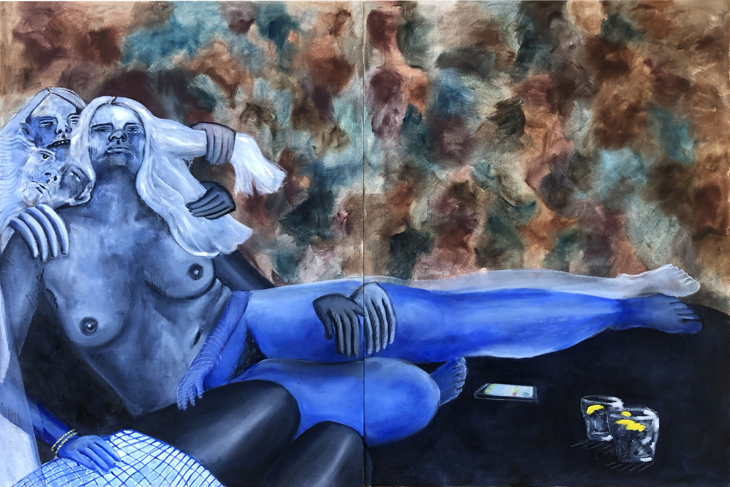  Nude blue coloured women in an interior setting, surreal elements surround. 