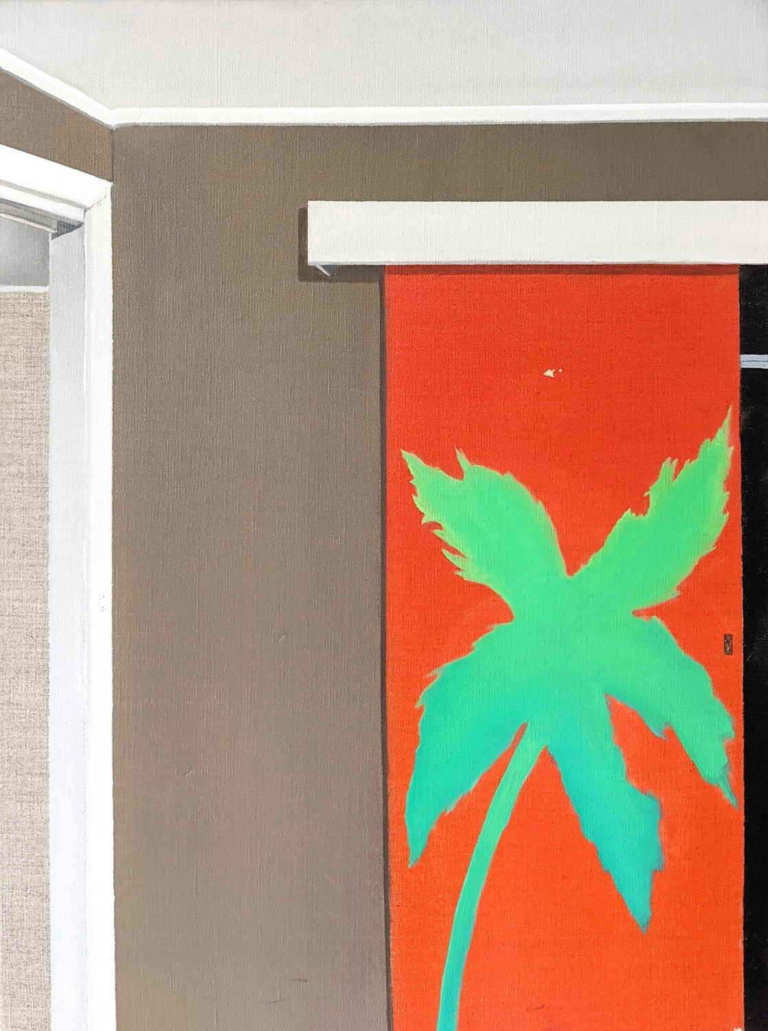 An oil painting of a red and orange gradient placed onto what appears to be a door with a glowing gradient green palm tree.