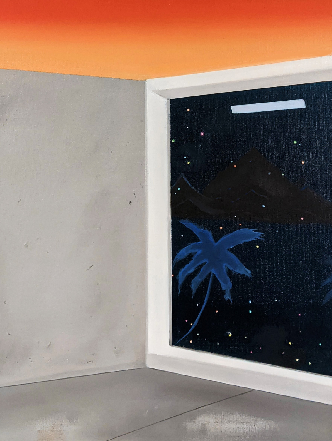 A luminescent orange gradient ceiling, an expansive window that displays luminescent specks of light, a glowing palm tree with the view of mountains. 