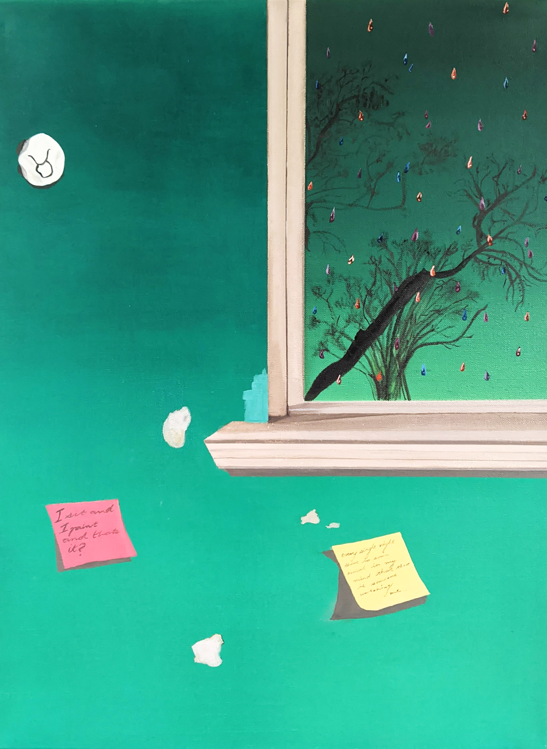 An image of a domestic scene, ruined wall with sticky notes with transcribed inner monologues, looking out through a window 