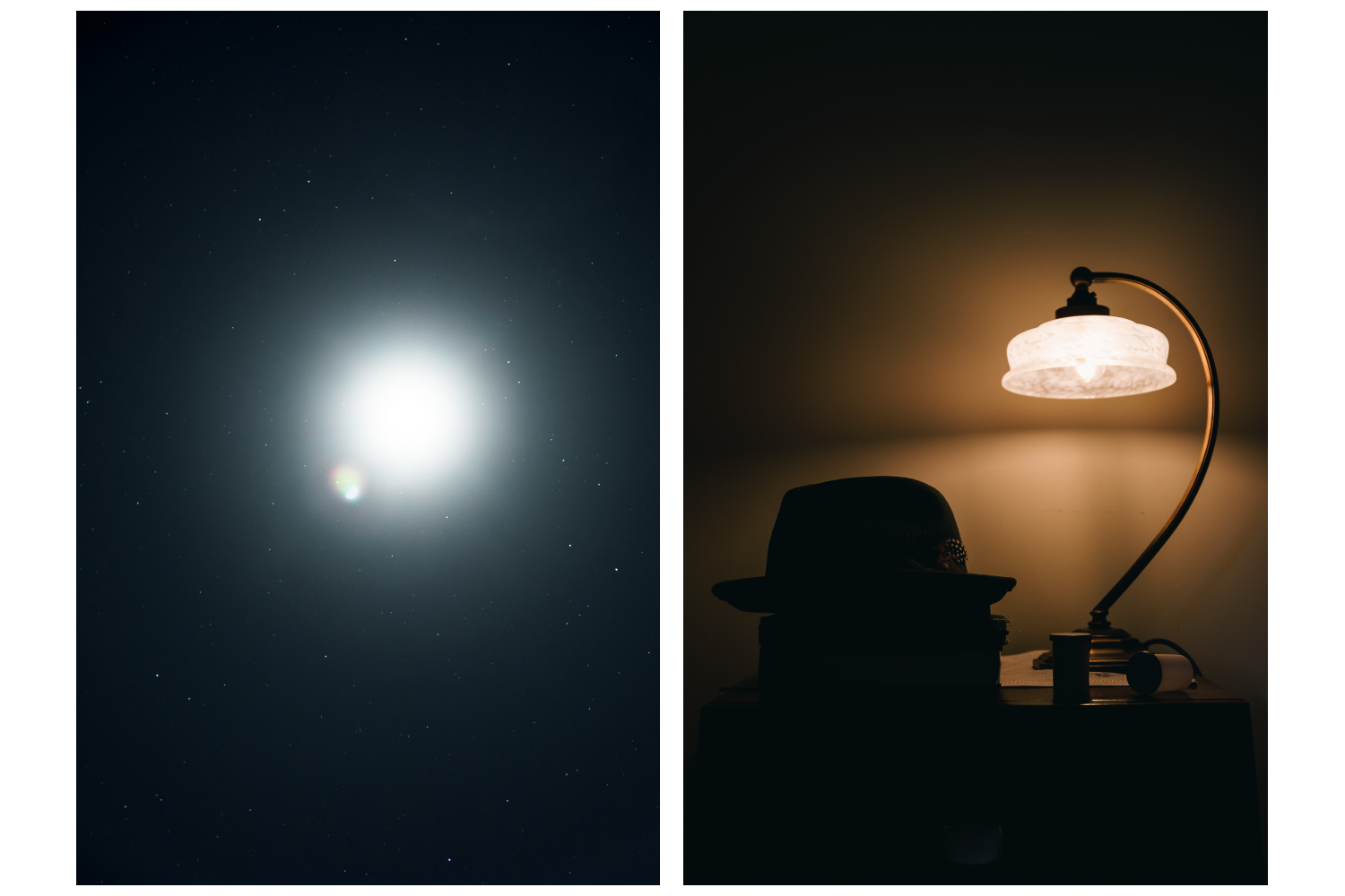 Colour photograph diptych depicting an image a flash of light amongst the dark and a bedside table with a straw hat in a dark lamp lit room.