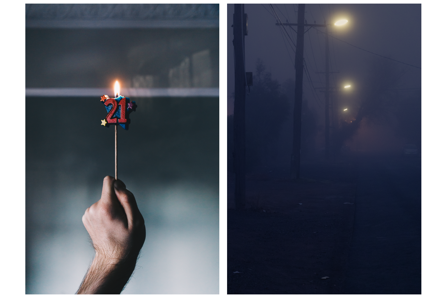 Colour photograph diptych depicting a hand holding a lit 21st Birthday candle and a foggy night street scene.
