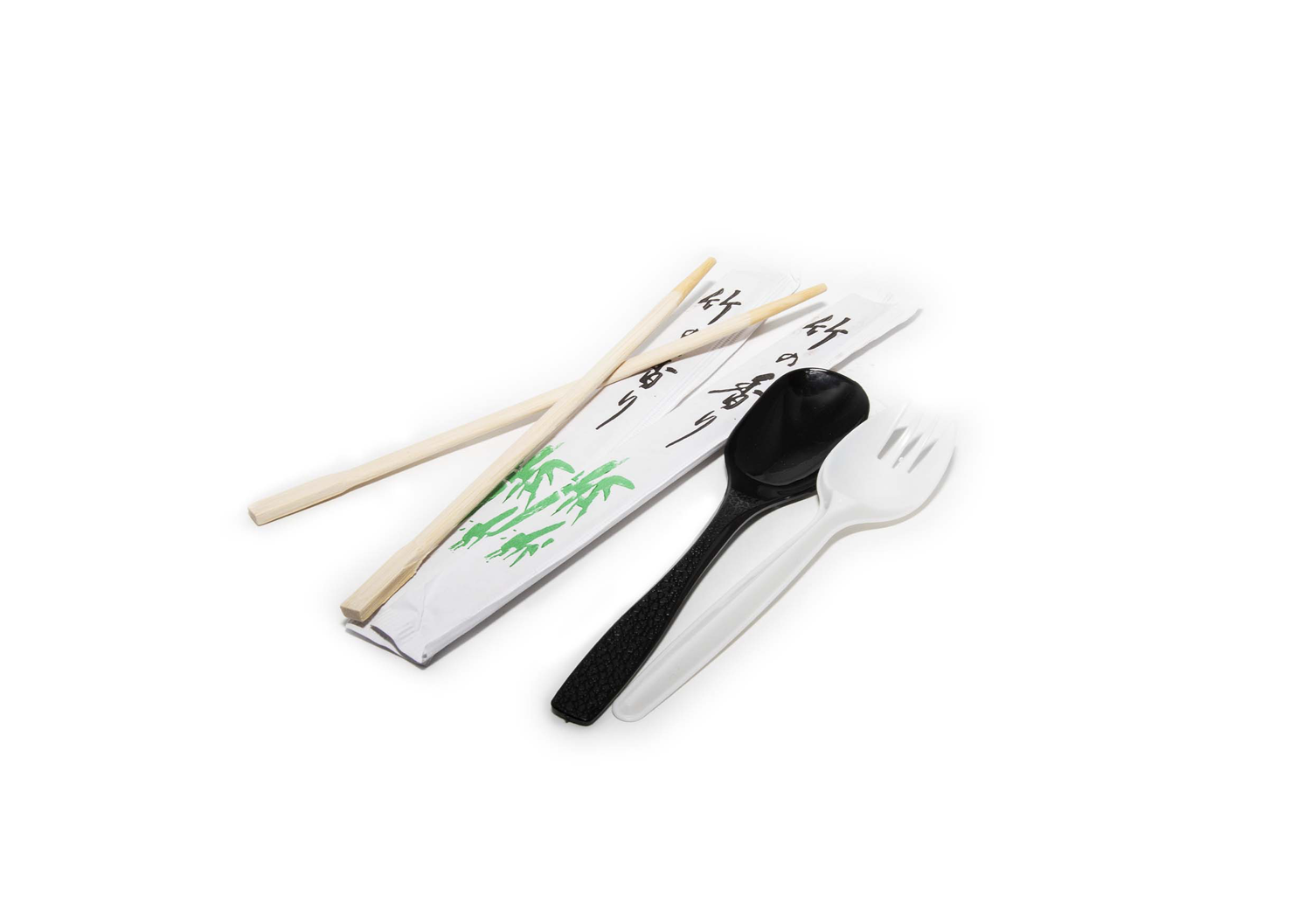 Colour photograph depicting a disposable spoon, fork and bamboo chopsticks.