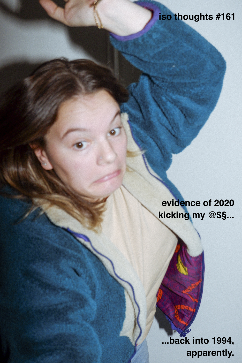 Colour photograph depicting portrait of young woman with quizzical expression on her face. Text overlays the image. 