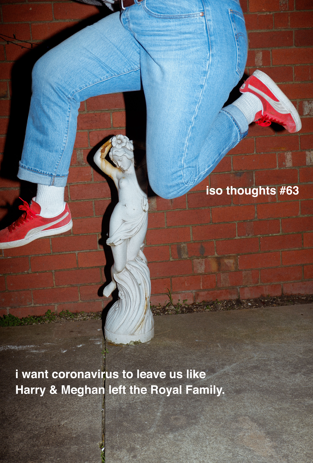 Colour photograph depicting two legs in mid-air, jumping over small garden statue. Text overlays the image.