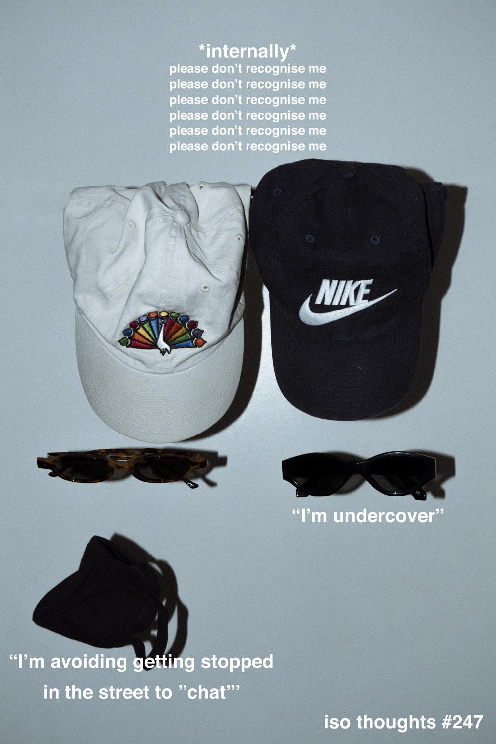 Colour photograph depicting an array of caps and sunglasses. Text overlays the image.