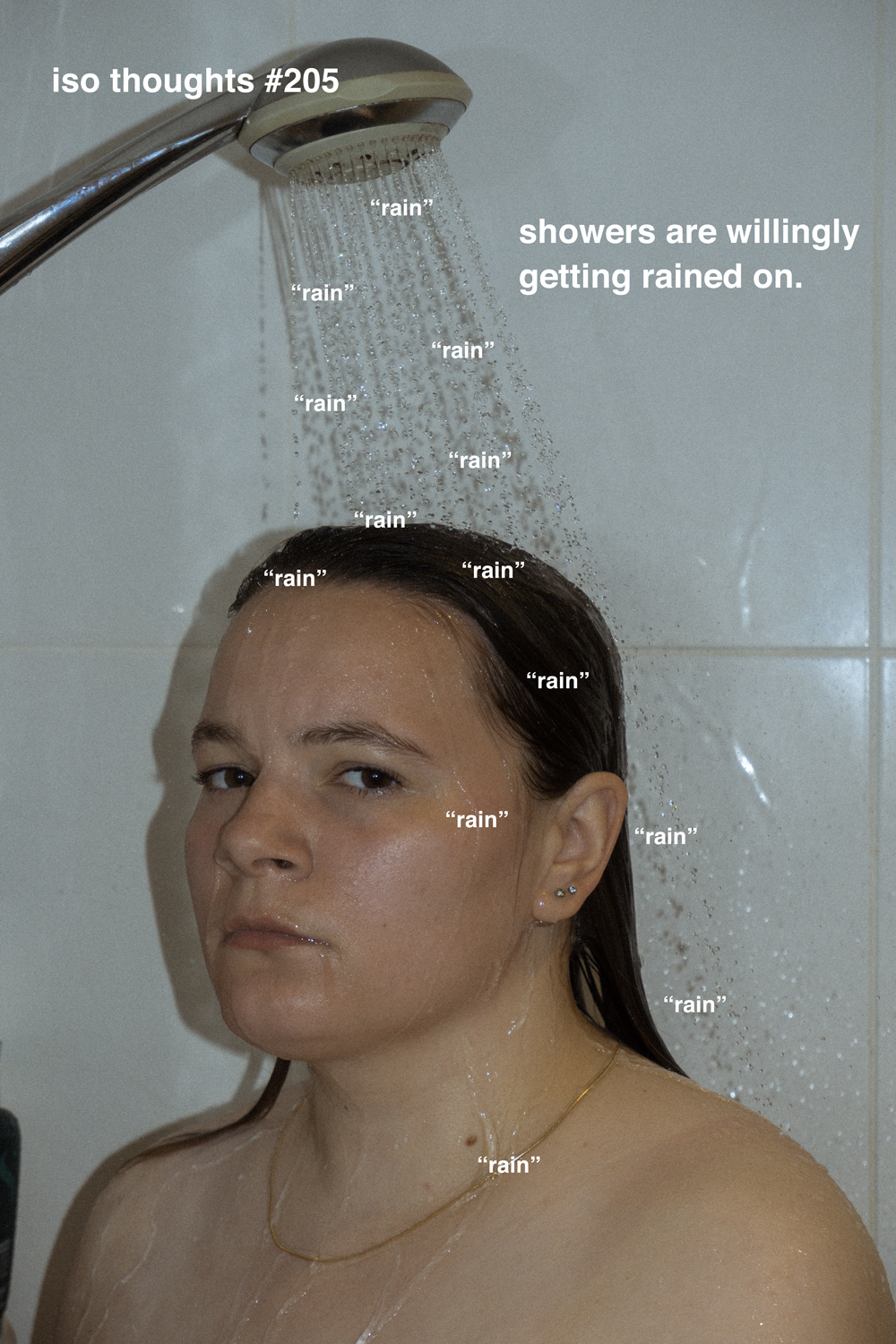 Colour photograph depicting portrait of young woman standing underneath shower-head. Text overlays the image. 