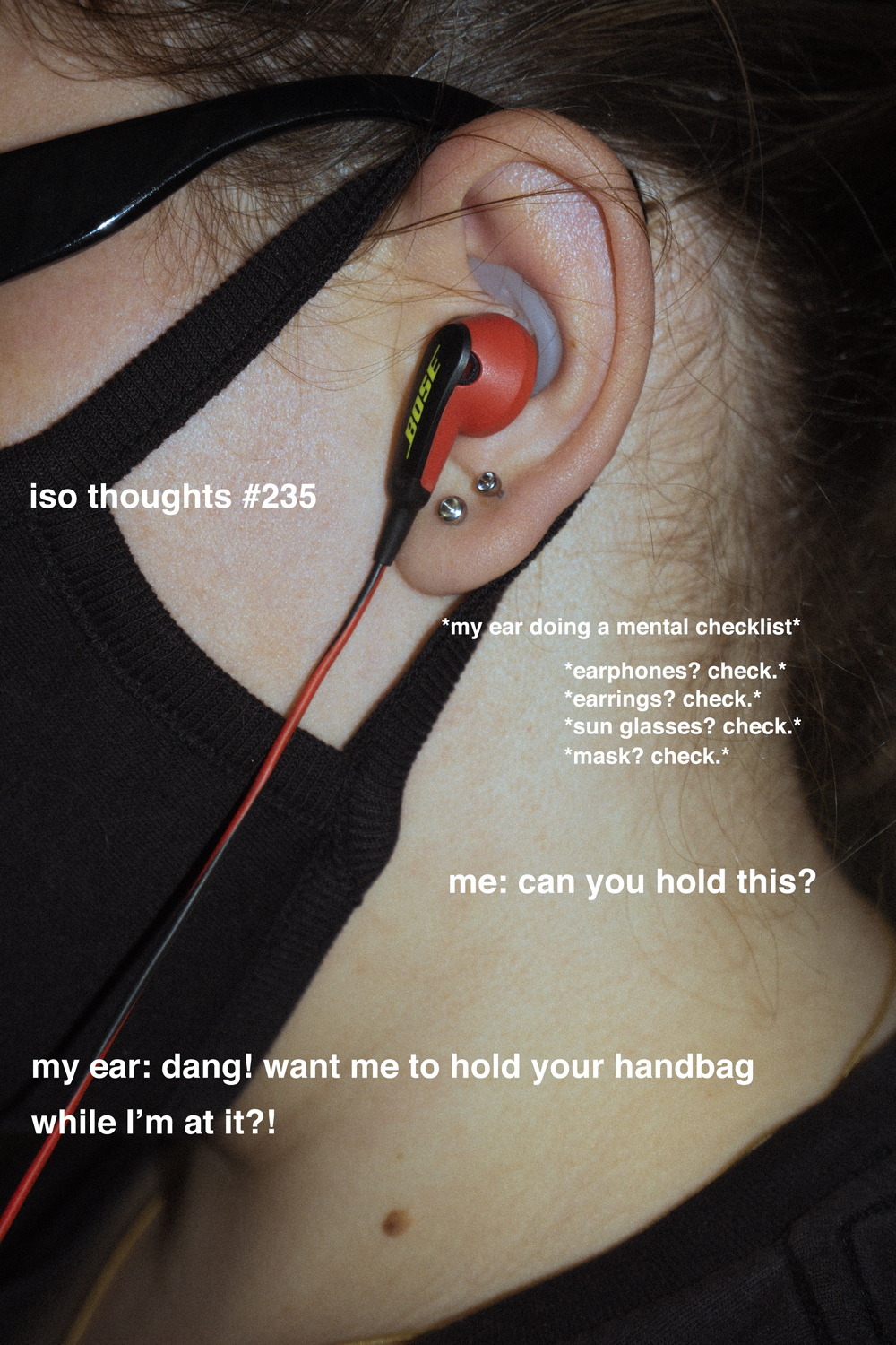 Colour photograph depicting side profile of young masked woman's ear with headphone placed in it. Text overlays the image. 