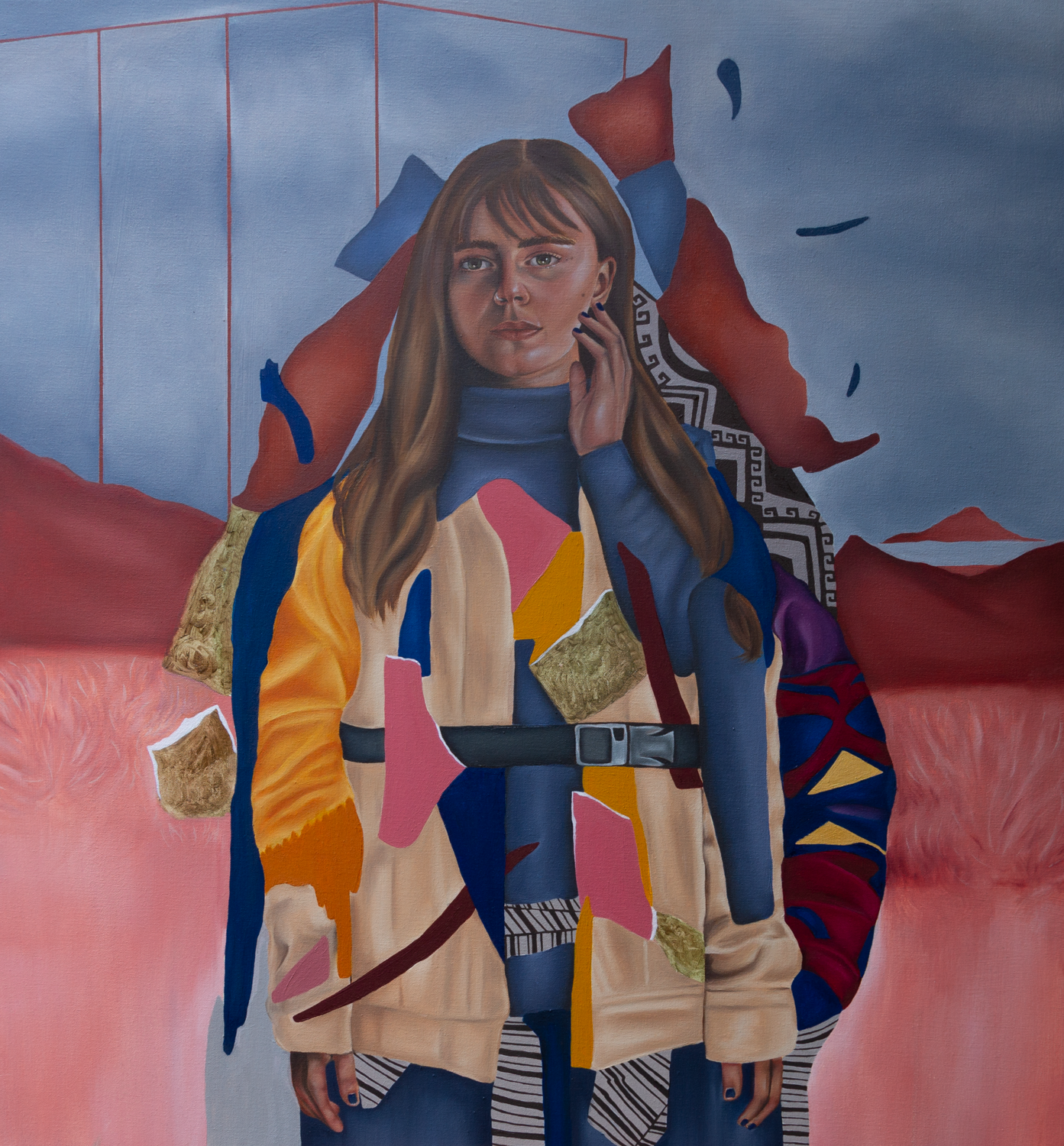 realistic oil painting women standing  colourful barren landscape