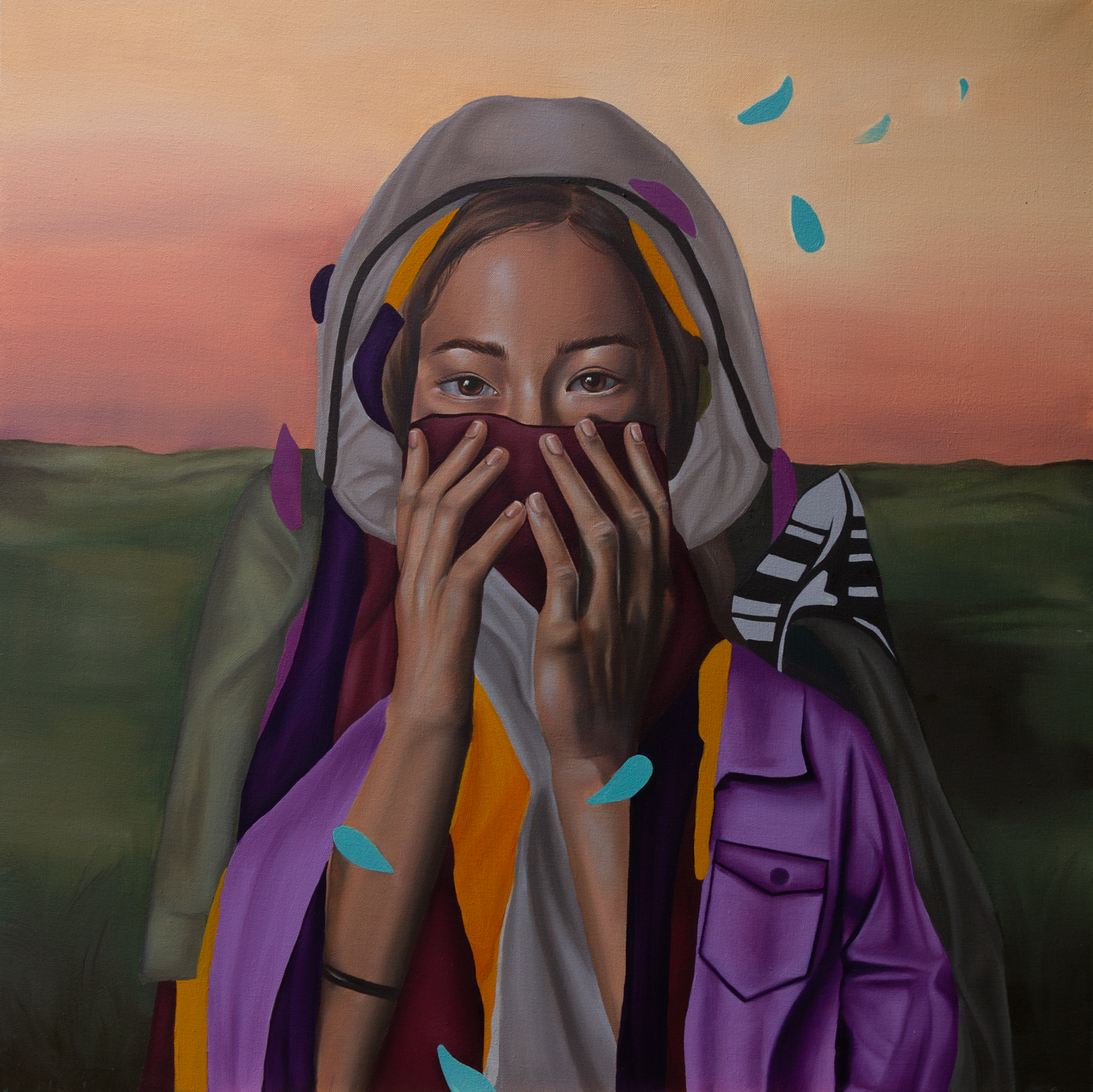 realistic oil painting women wearing mask  surreal landscape