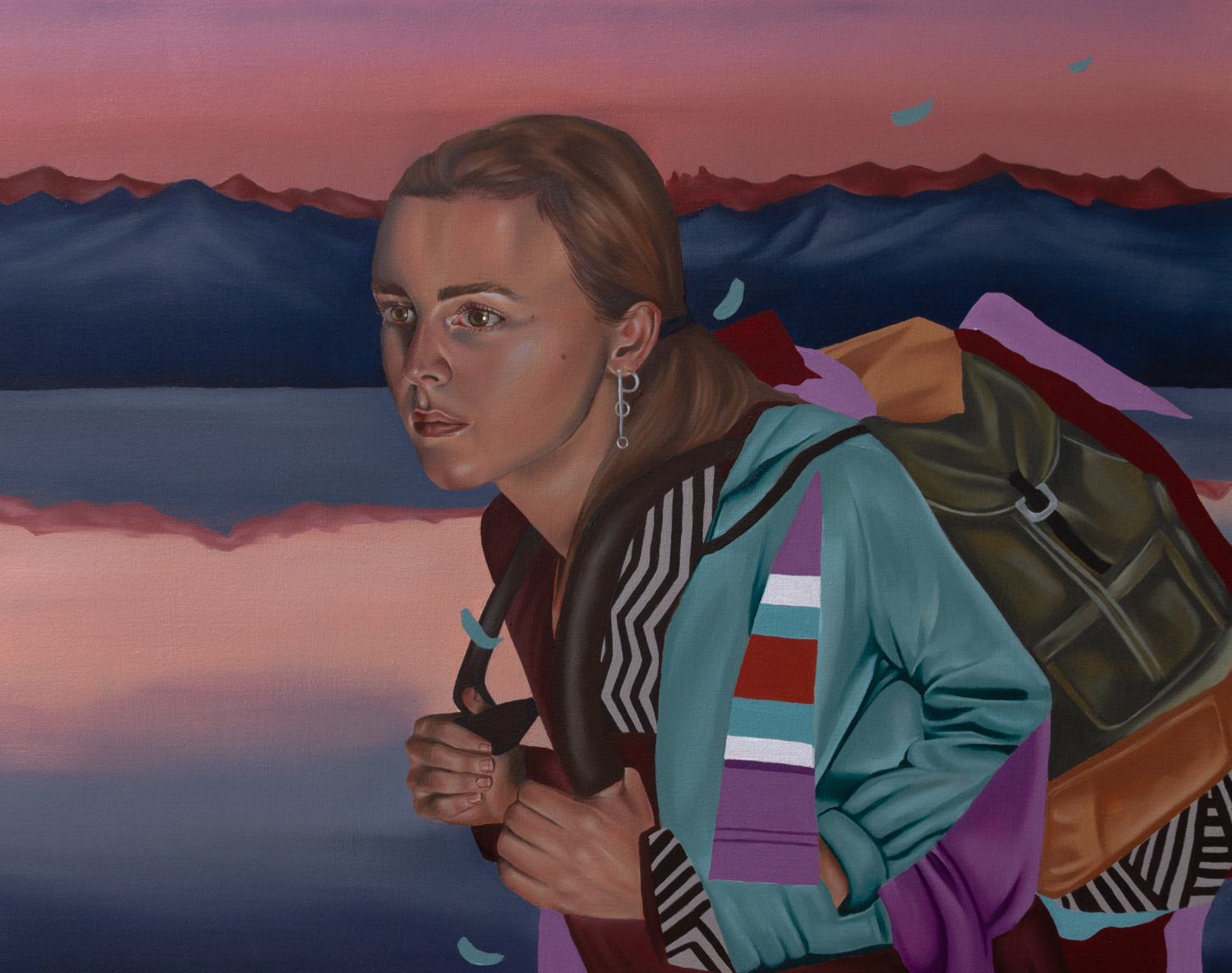 realistic oil painting women travelling through mountains