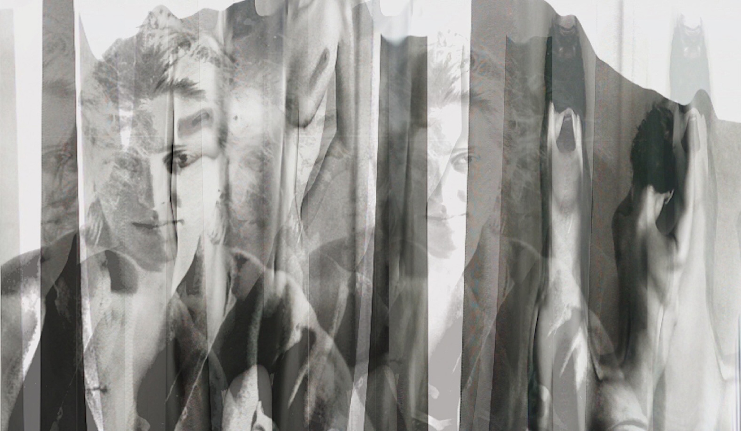 Black and white digital collage of layered nude female imagery and calm appearing female subject.