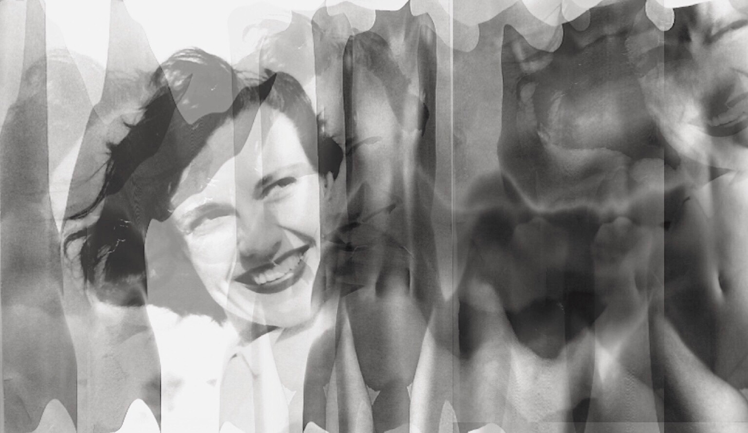 Distorted nude female layered and interwound with a happy appearing female subject.