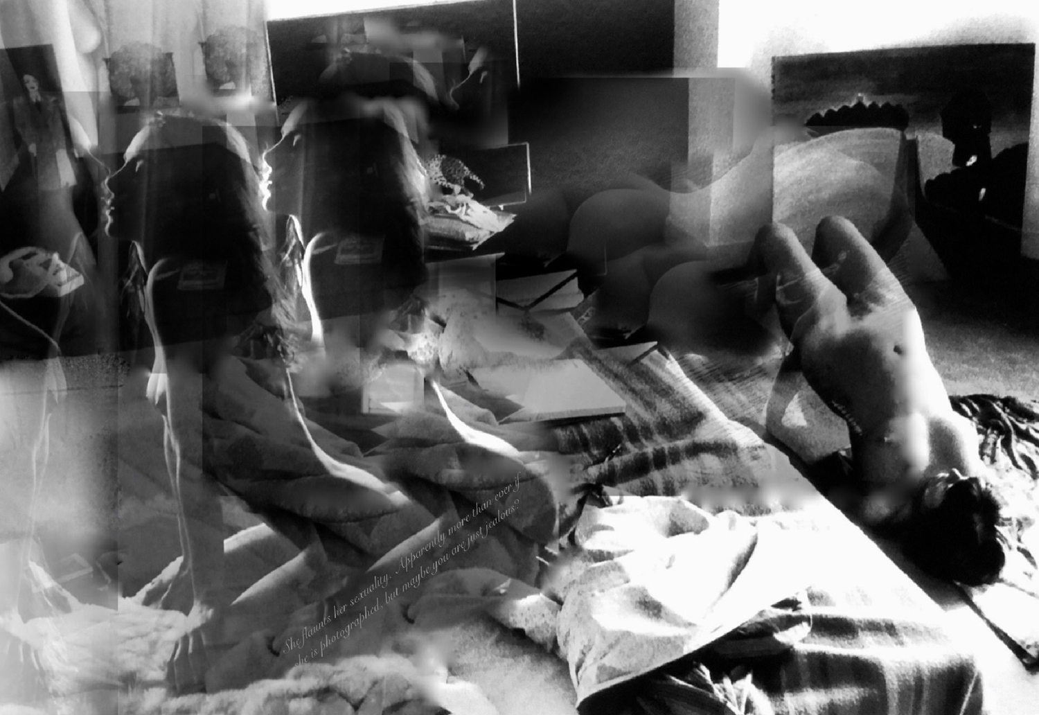 Black and white digital collage of layered nude female imagery with suggestive text embedded.