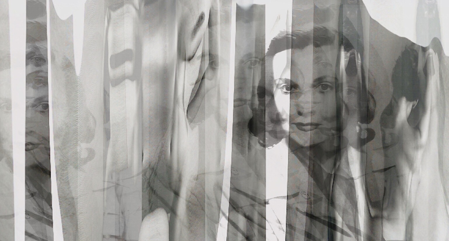 Black and white digital collage of layered nude female imagery and stern appearing female subject.