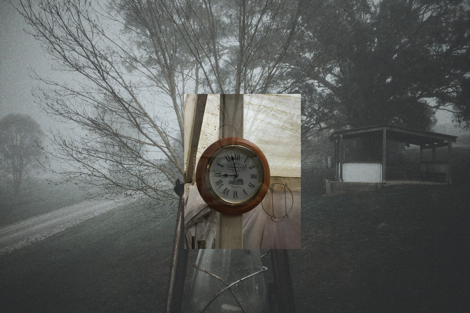 A digital collage of a foggy landscape and an old clock