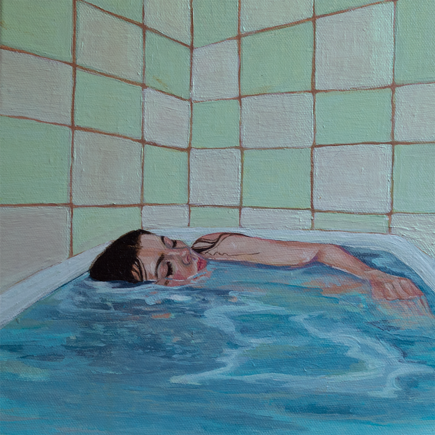 A girl relaxing half submerged in a bath that seems endless