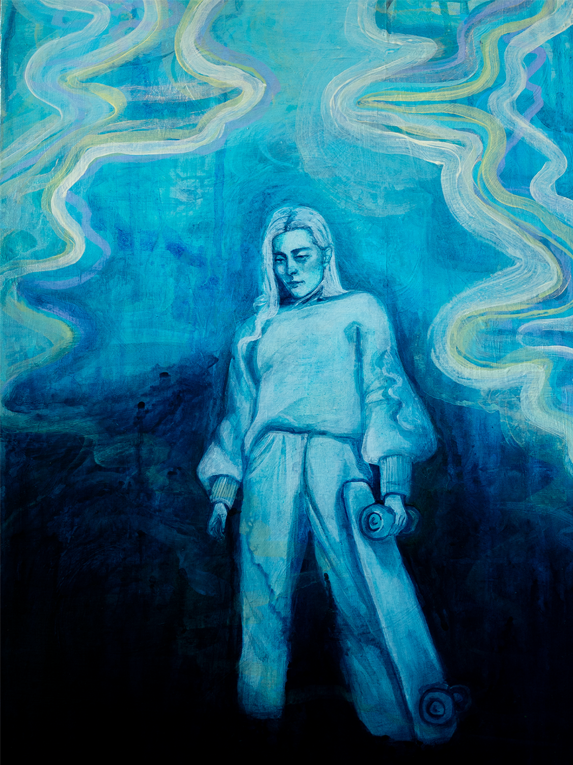 A woman with a skateboard in blue surrounded by blue