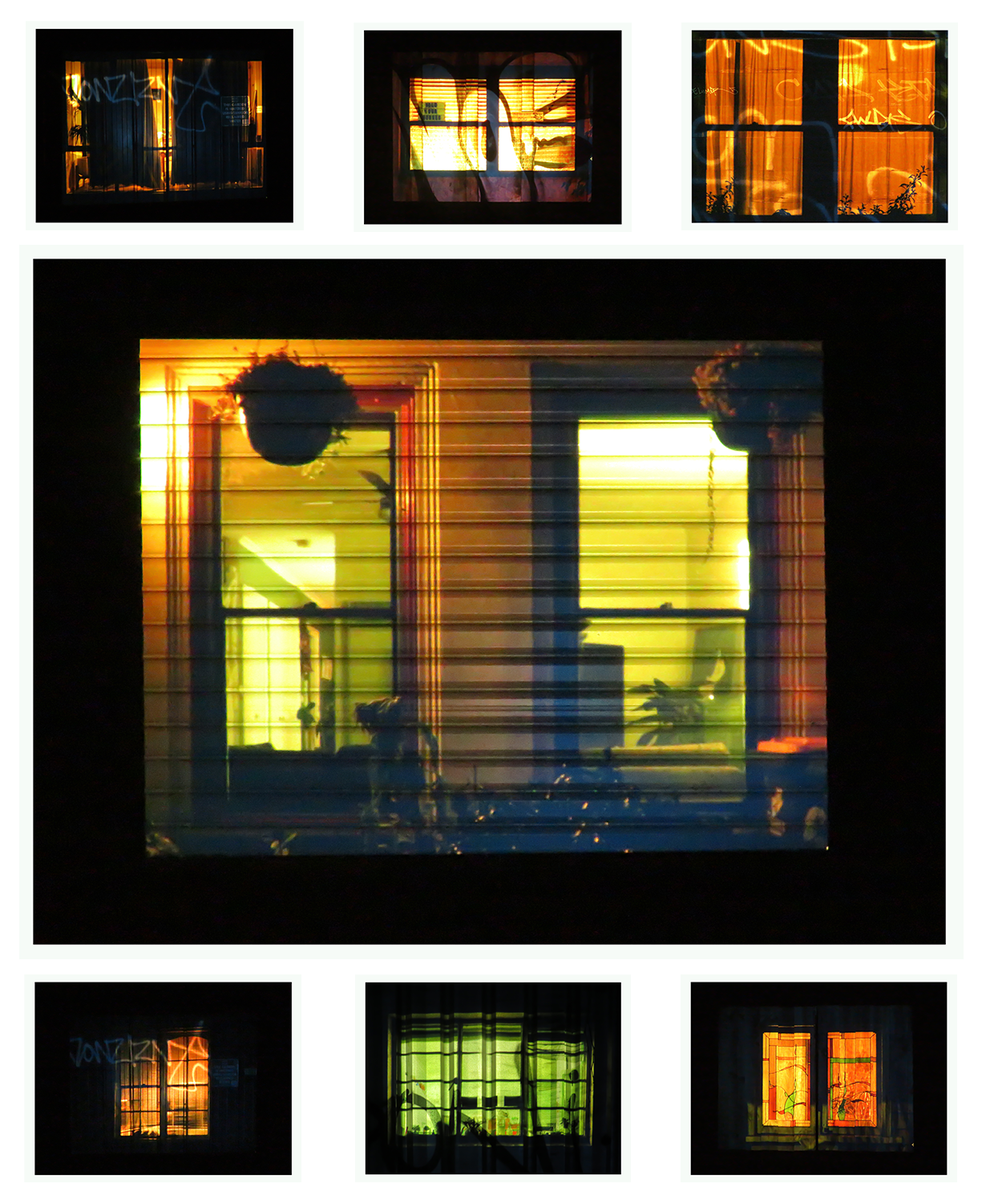 Photographs of windows projected onto urban surfaces, Night time.