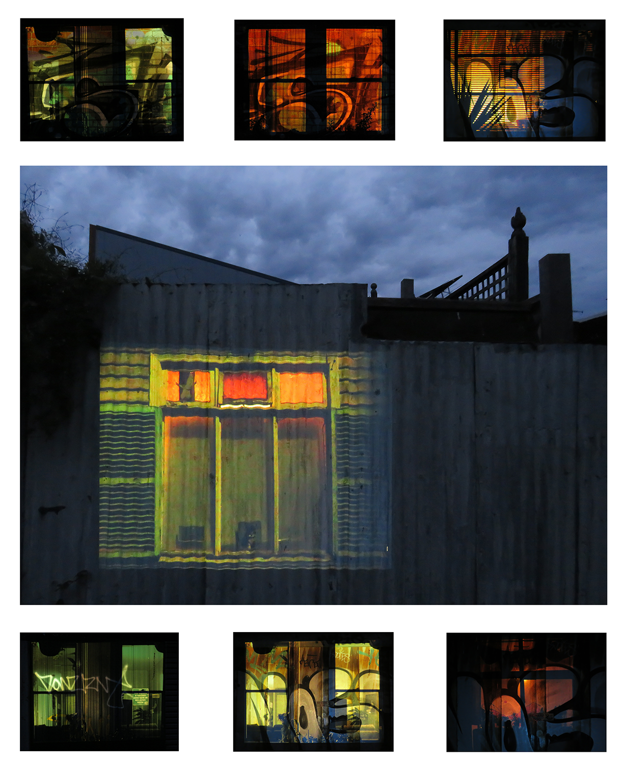 Photographs of windows projected onto urban surfaces at Dusk.