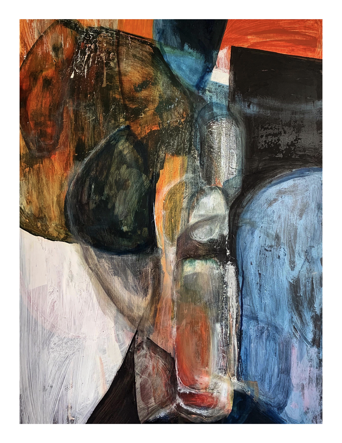Abstraction painting with the use of colours including orange, white, blue and black. This work has layers of transparent sections which create depth.