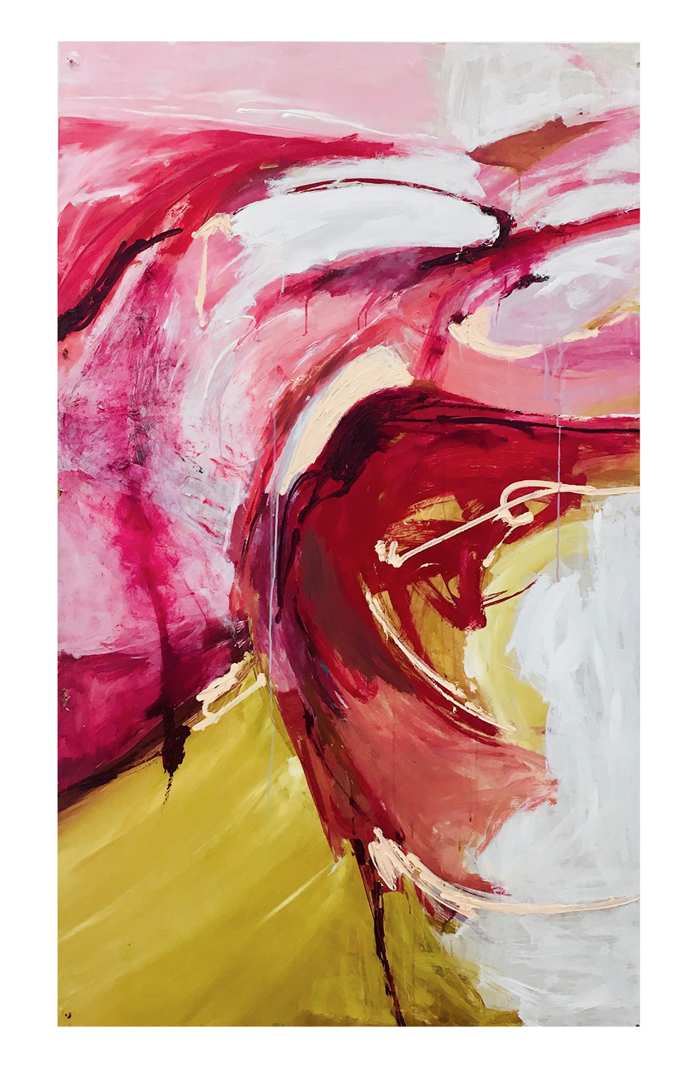 Large abstract painting which include the colours red, yellow and white. 