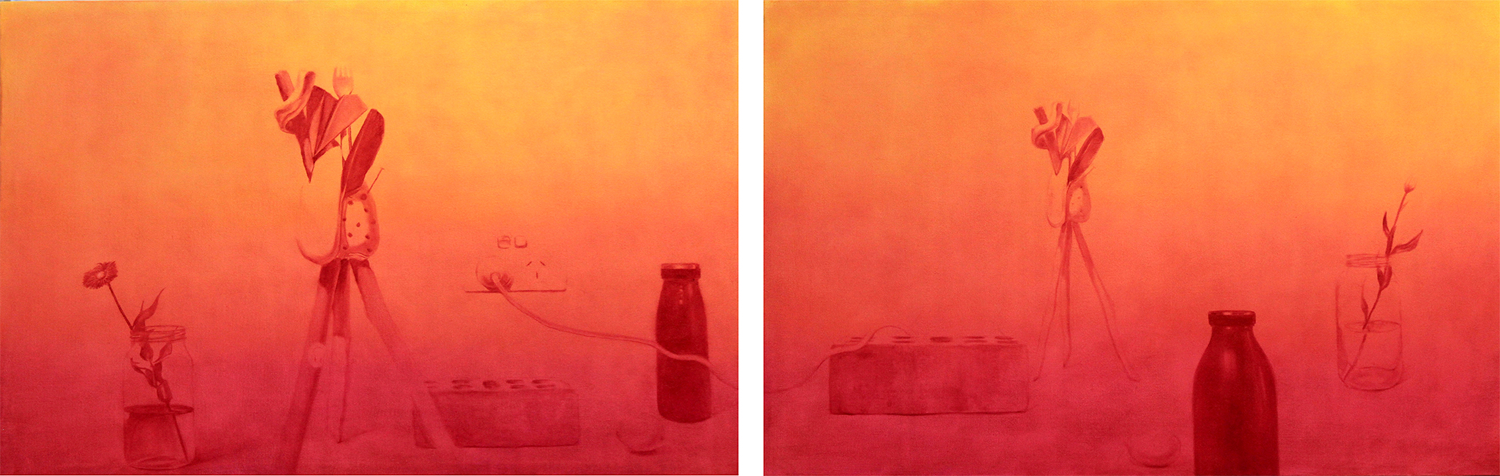 still life diptych with red background