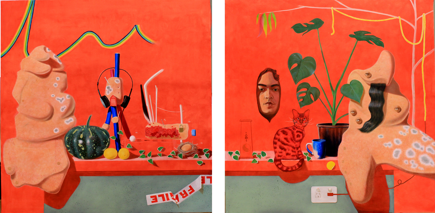 still life diptych with red background