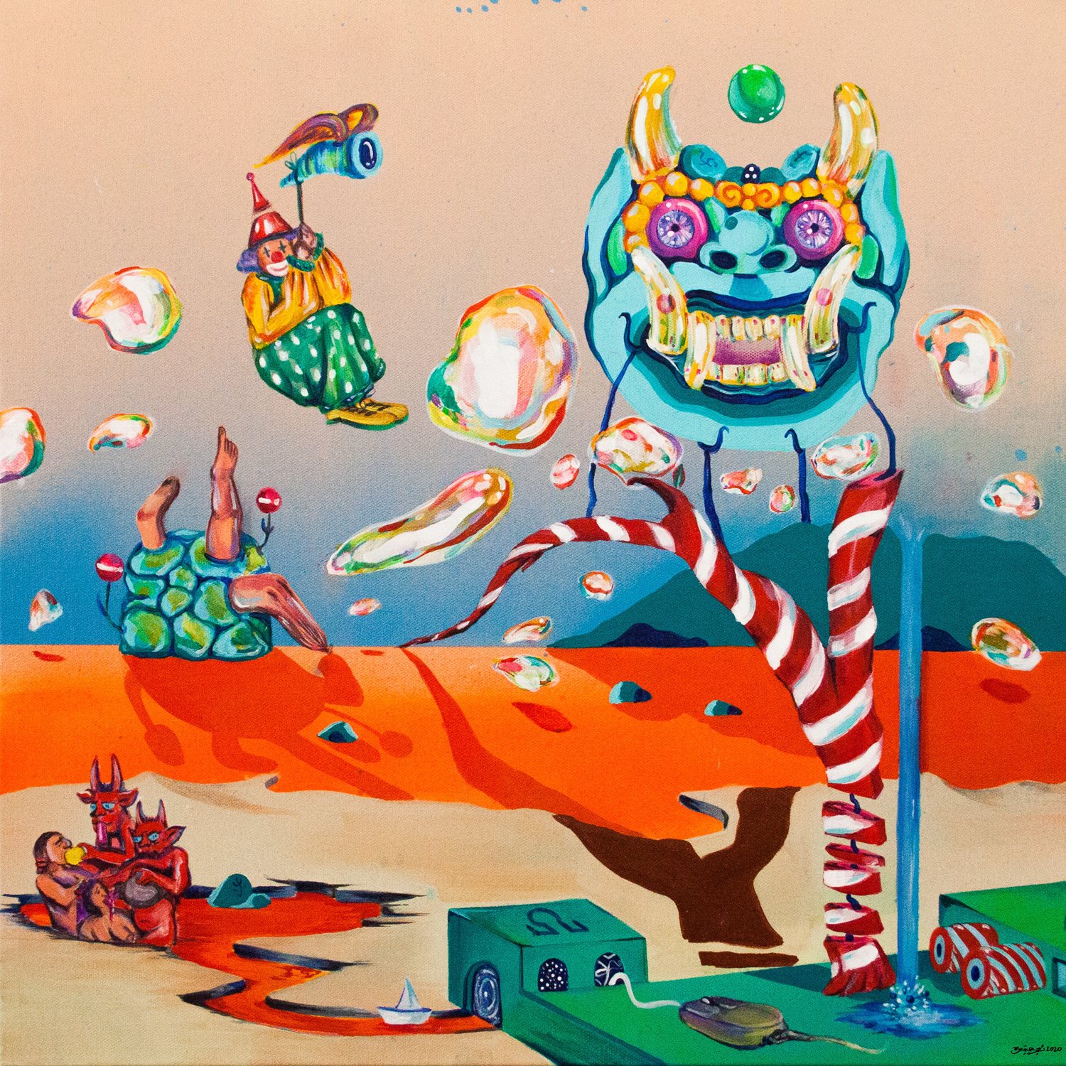 A surreal painting of damned souls, demons and a clown