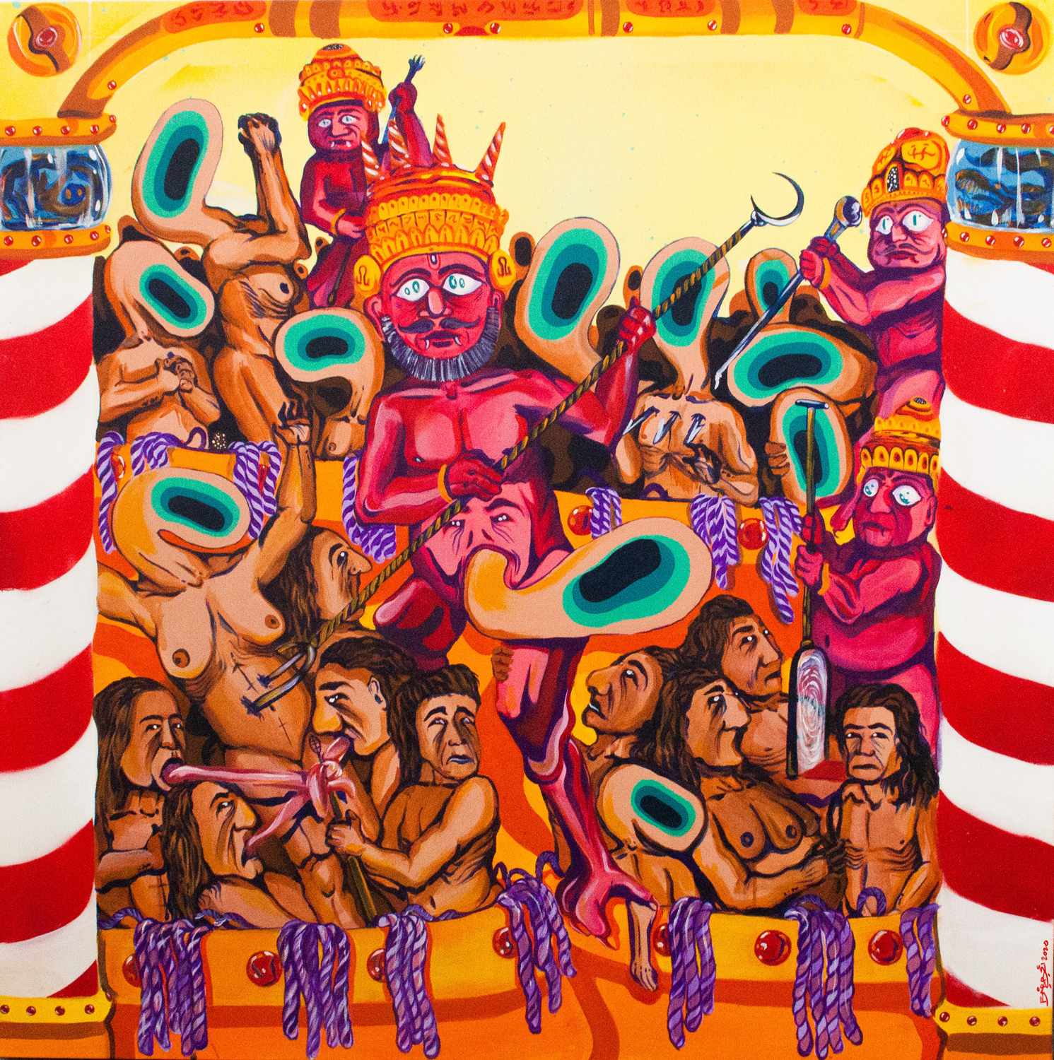 A scene where crowds are forced into golden cauldrons, the central painting in a triptych