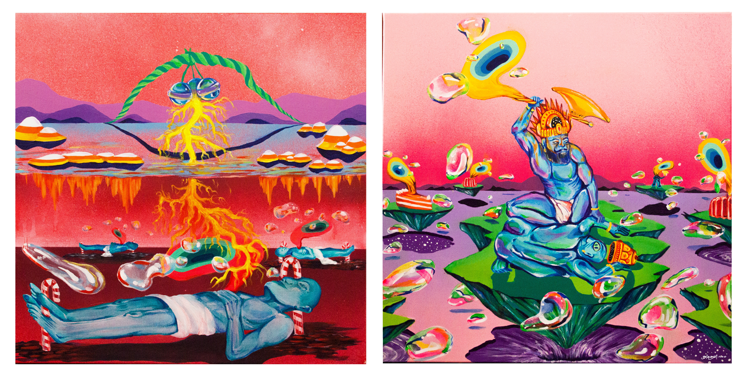 A diptych of a red lake and blue bearded being