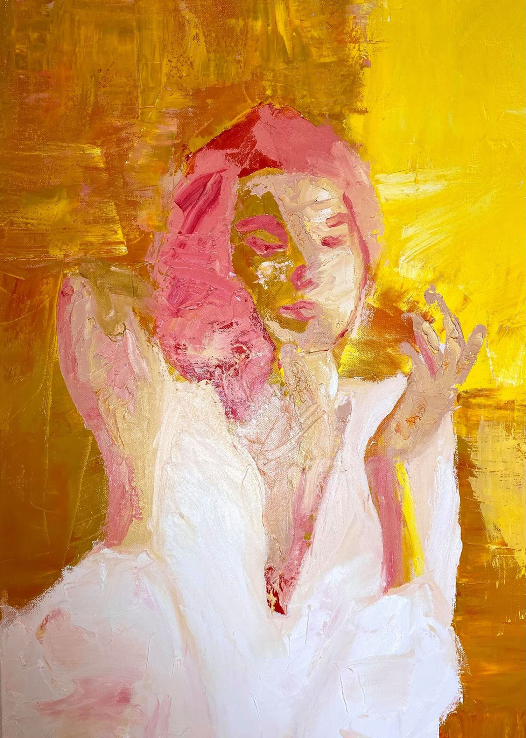 Abstract portrait of woman bearing hands, red and yellow streaks to create a form
