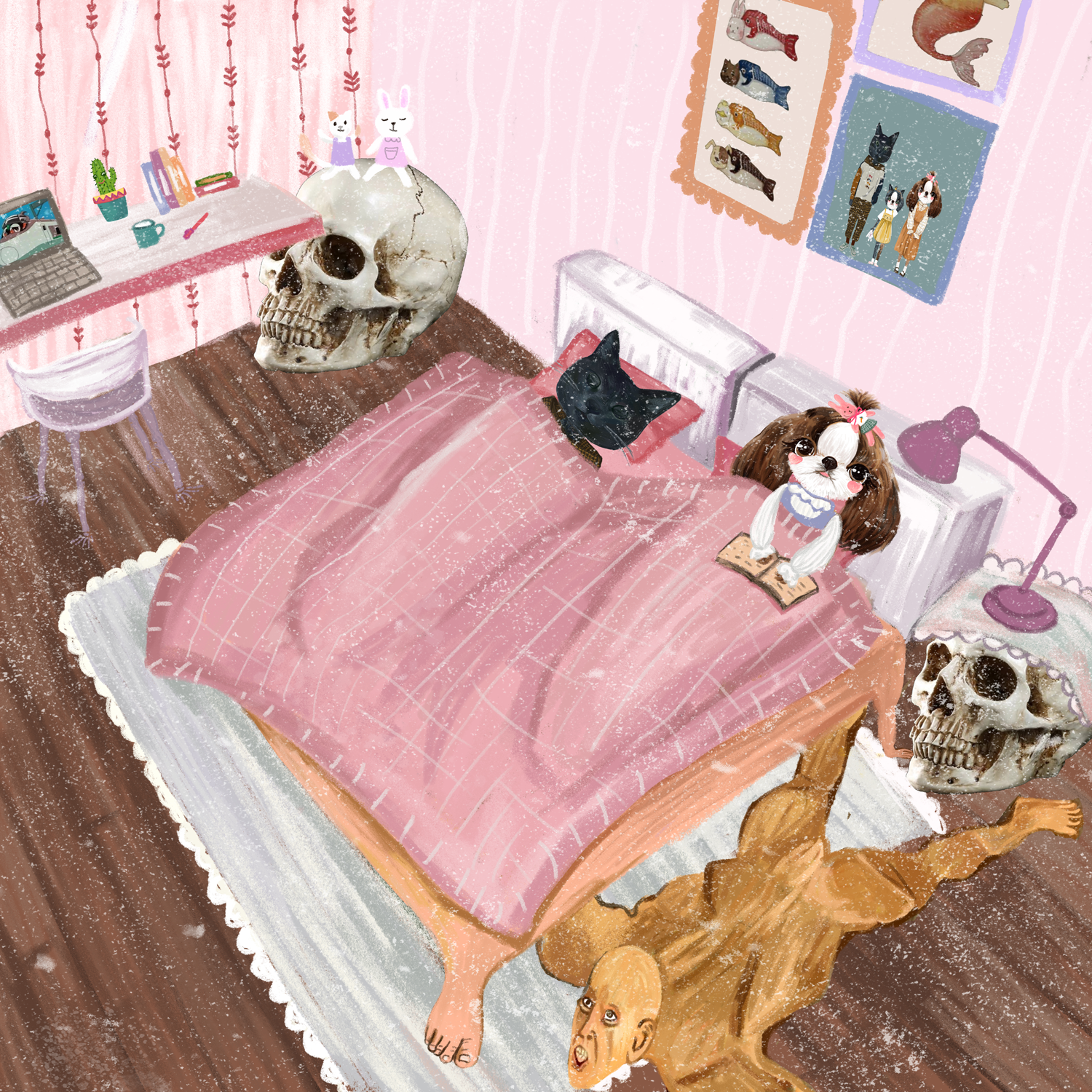 Louis is sleeping and Chanel is reading a book. In this bedroom, all the furniture is made by humans.