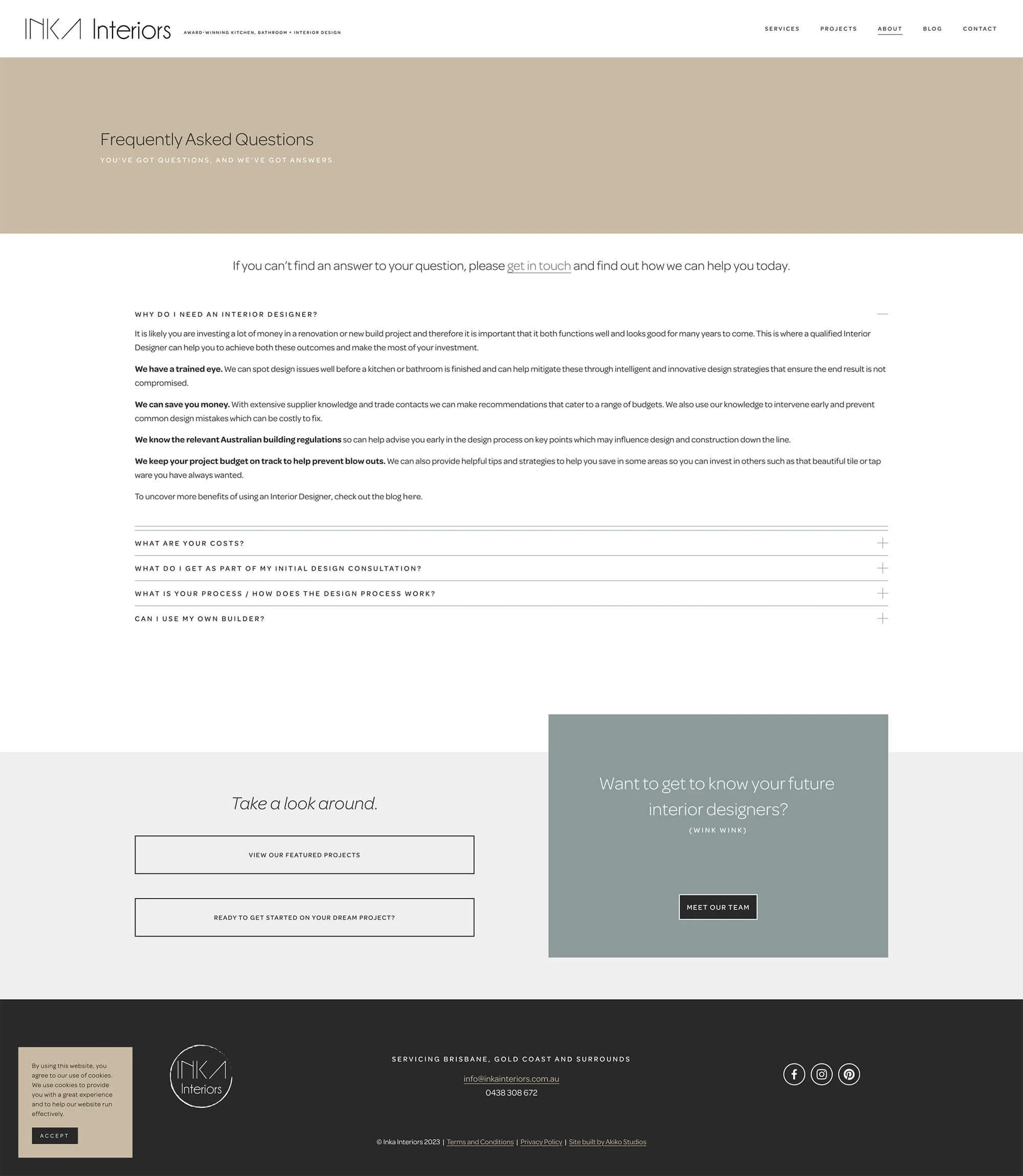 A screenshot of the redesigned FAQs page for Inka Interiors, created by kellgreen.co