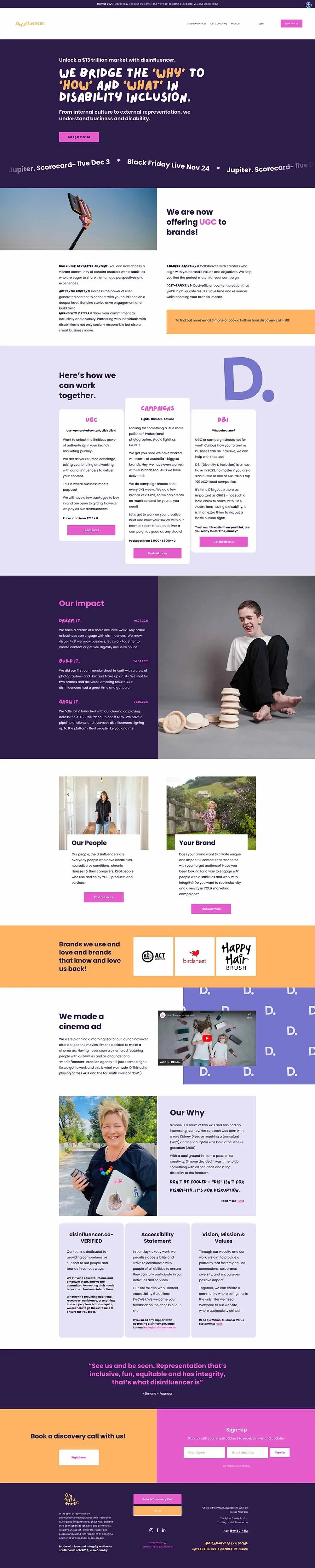 A screenshot of the redesigned Home page design for disinfluencer, created by kellgreen.co