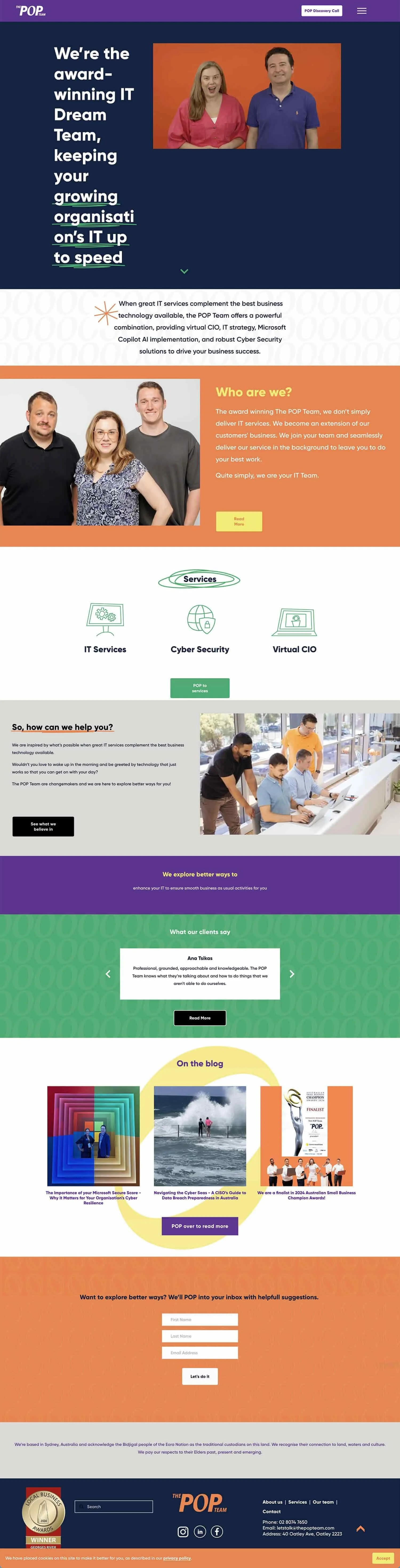 A screenshot of the Home page for The POP Team before Kell Green Design worked on it.